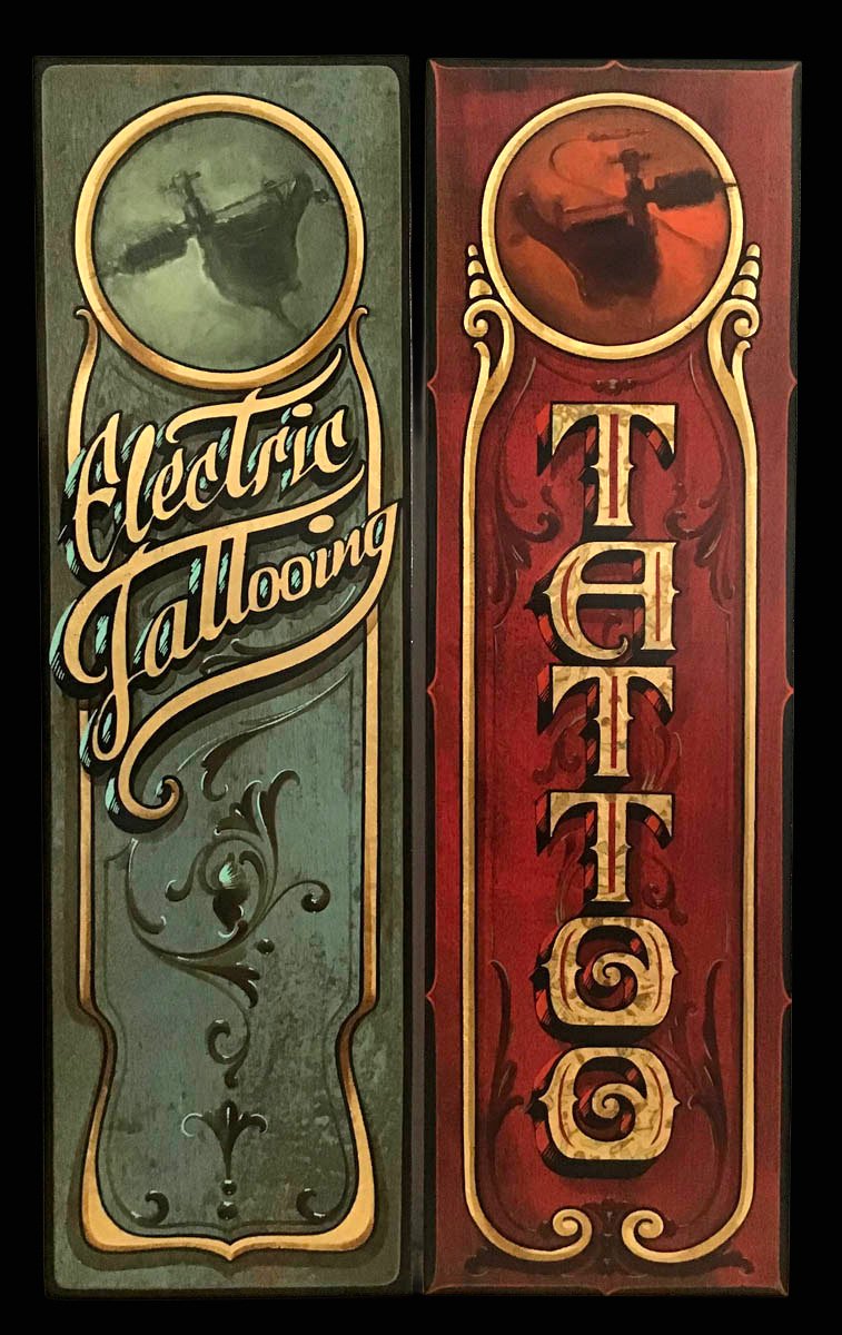 carteles verticales hechos a mano para estudio de tatuaje fer oddone